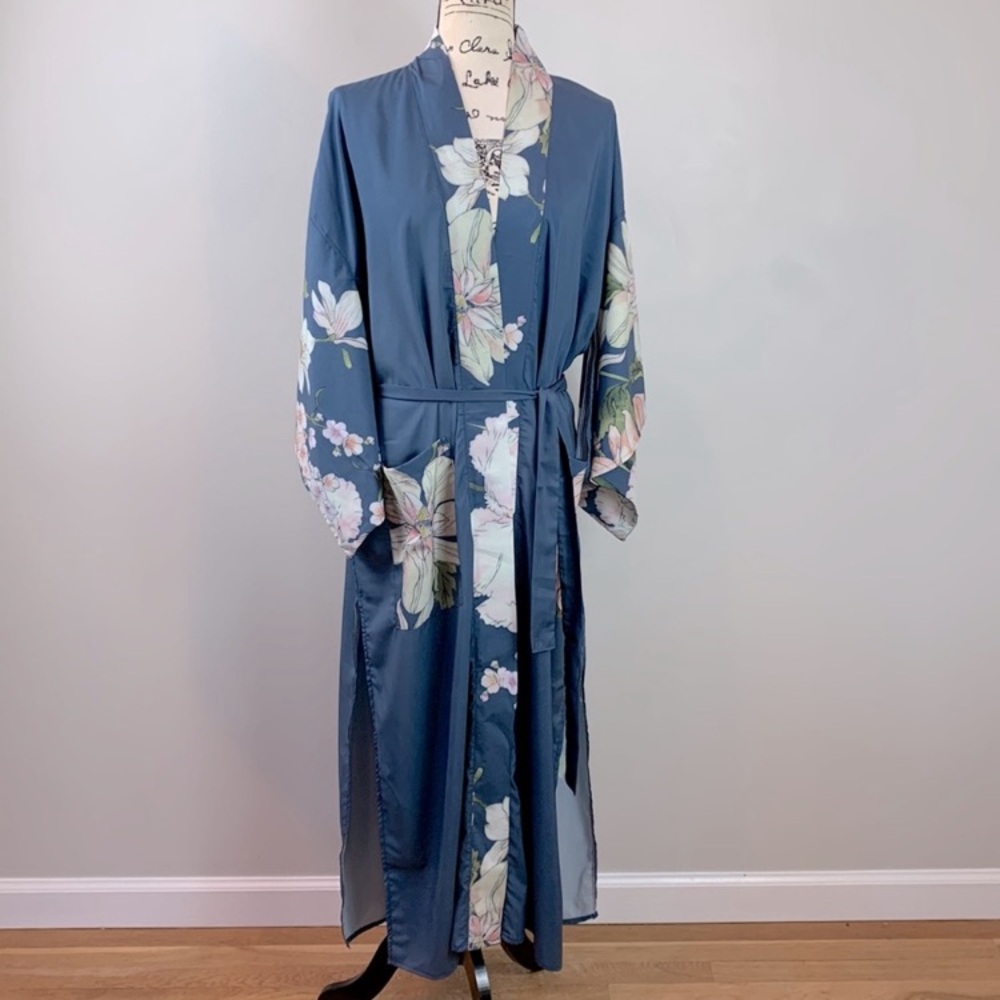 Bohemian Long Blue Floral Peacock Kimono Duster Robe - Picture 5 of 12